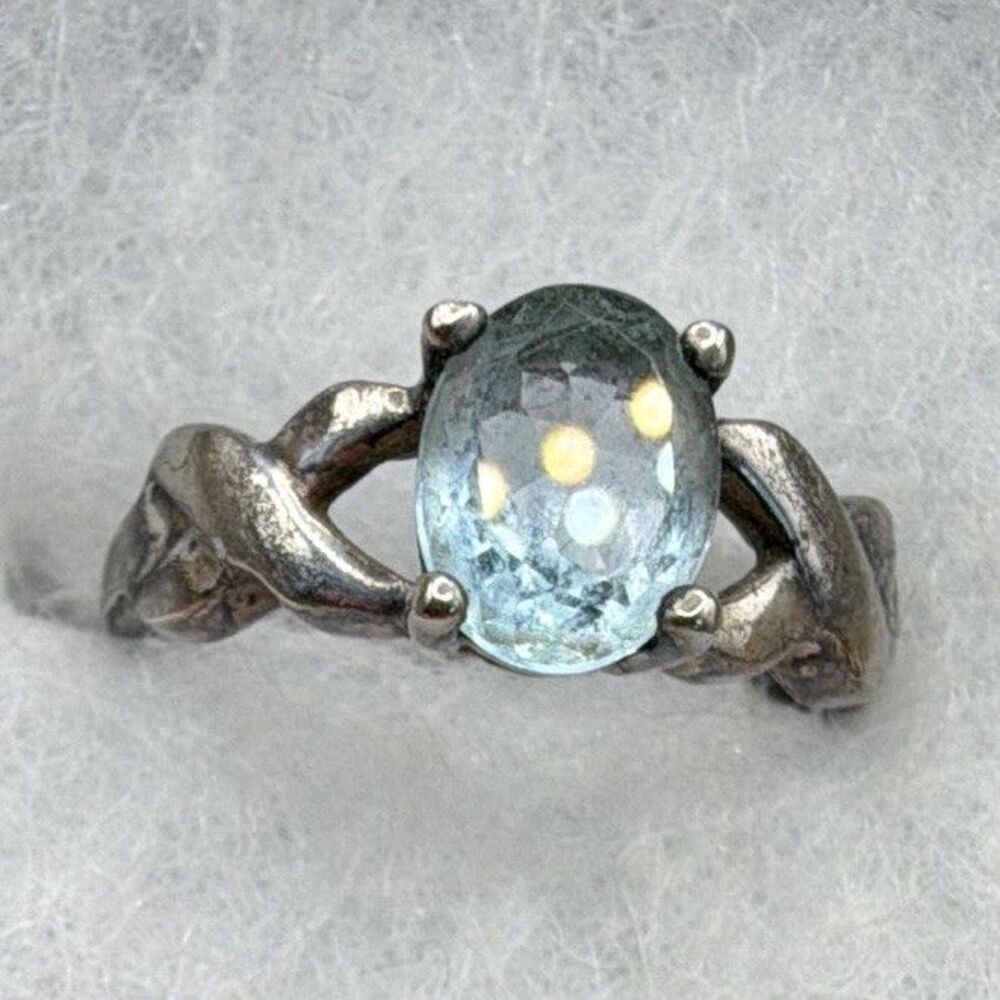 925 Sterling Silver Prong Set Oval Aquamarine Twist Band Ring Size 7.5